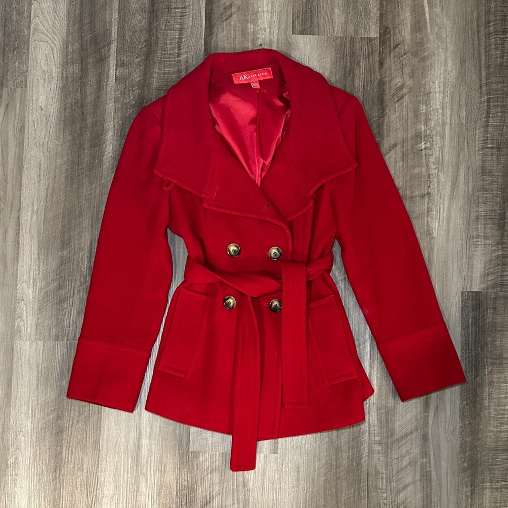 Anne Klein Double Breasted Wool Blend Red Pea Coat with Belt - Small